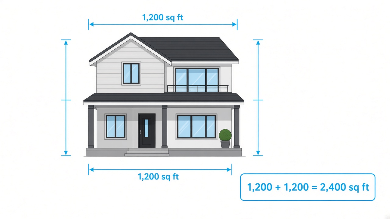 Adding each floor's area to calculate a two-story house's square footage.