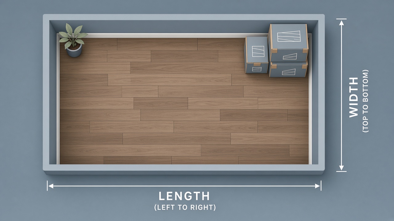Room floor plan with planks and a stack of flooring boxes showing area plus waste