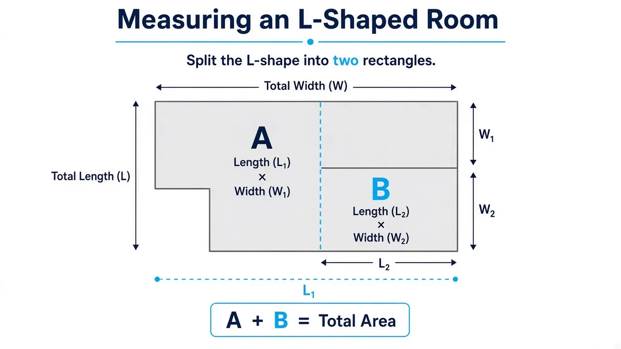 Measuring an irregular room by dividing it into two rectangles.